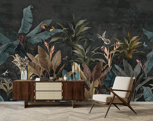Tropical Botanical Wallpaper Dark Jungle Plant Leaf Wall Mural for Living Room Bedroom（Not Peel and Stick）