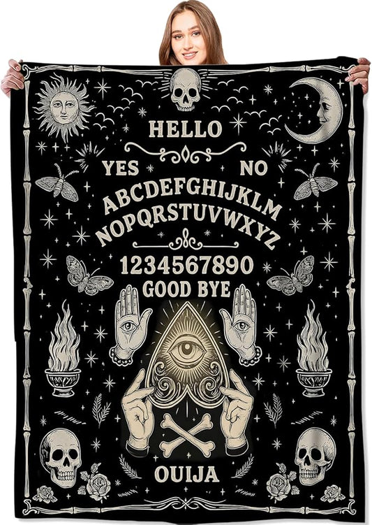 Ouija Board Blanket Halloween Holiday Decor Gothic Spirit Witch Throw Gifts for Kids Adults Lightweight Soft Fleece Sun Moon Skeleton Skull Witchy Blankets for Horror Spooky Decoration 60x80in