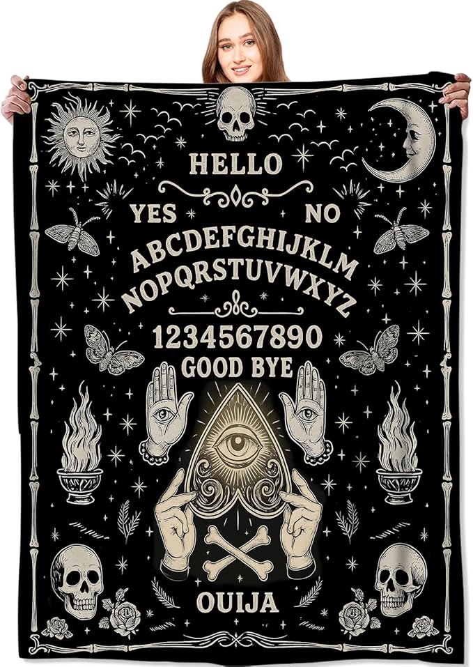 Ouija Board Blanket Halloween Holiday Decor Gothic Spirit Witch Throw Gifts for Kids Adults Lightweight Soft Fleece Sun Moon Skeleton Skull Witchy Blankets for Horror Spooky Decoration 50x60in