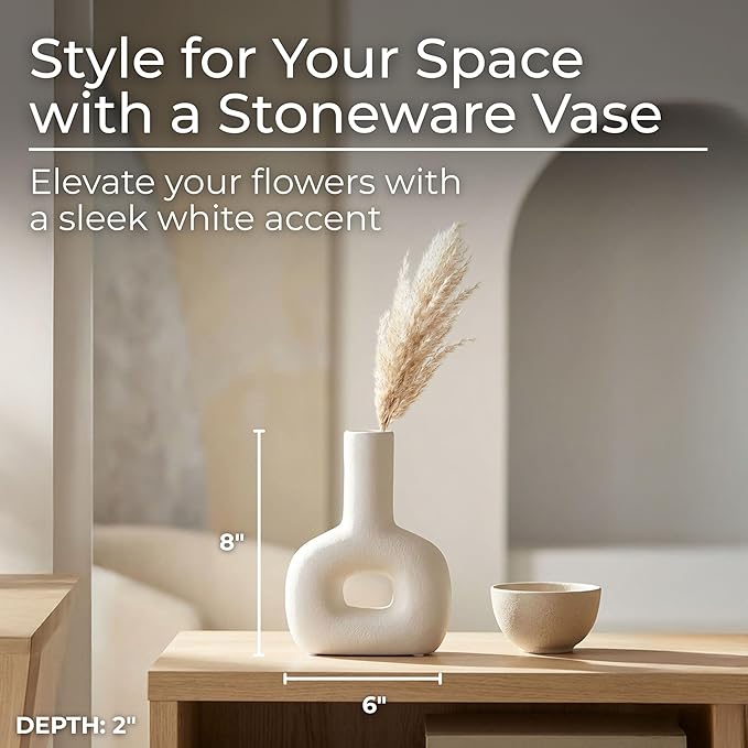 Decorative Flower Vase for Home Decor – Ceramic Modern Flower Vase With Open Cut Design, Stylish Table Centerpiece for Living Room or Entry Display, Modern for Faux Flowers and Greenery – 8", Ivory