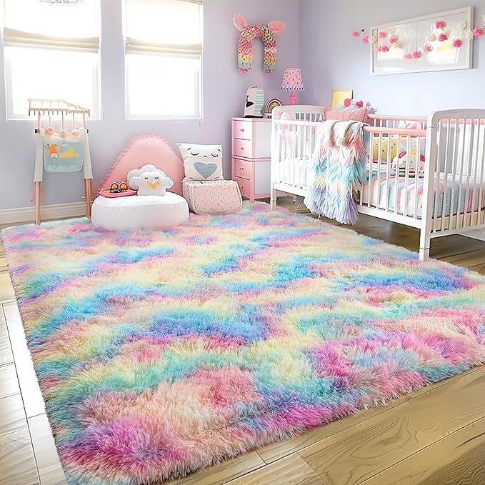 Ultra Fluffy Area Rugs for Living Room Bedroom, 6x9 Fuzzy Large Living Room Rugs, Thick Shag Rug for Dorm, Soft Non Slip Kids Girls Boys Rug for Home Decor Aesthetic, Rainbow