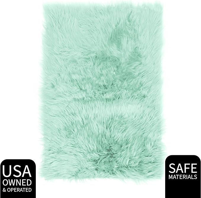 2 x 3 ft Fluffy Mint Green Rug – Soft Faux Fur Rug for Bedroom, Living Room, or Entryway – Cozy Faux Sheepskin Accent for Home Decor