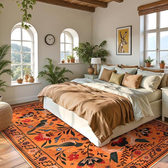 Moynesa Washable 8x10 Area Rugs for Living Room Bedroom Dining Room, Bohemian Scandinavian Modern Country Aesthetic Floral Bird Medallion Carpet, Fall Home Decor Open Floor Areas Protection Non-Slip