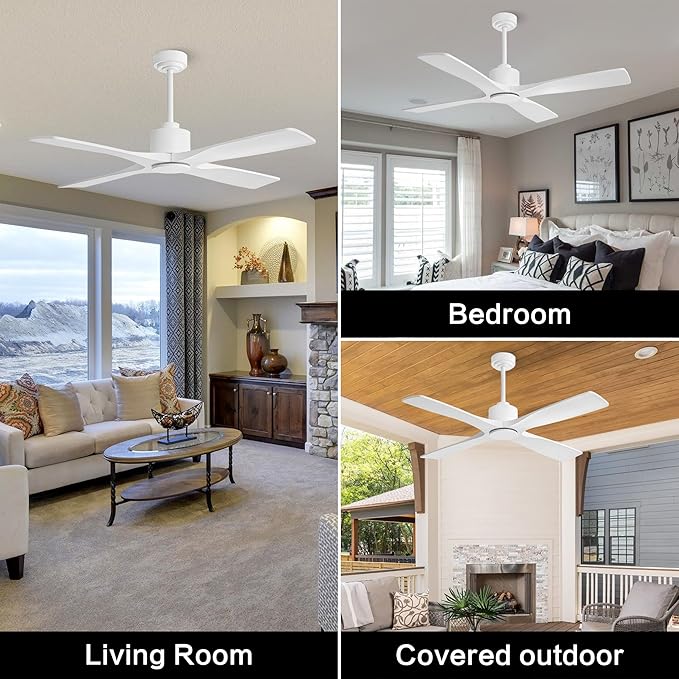 WINGBO 48" DC Ceiling Fan without Lights, 4 Carved Solid Wood Blades, 6-Speed Noiseless Reversible DC Motor, Modern Ceiling Fan No Light with Remote, Gloss White Finish with White Blades, ETL Listed