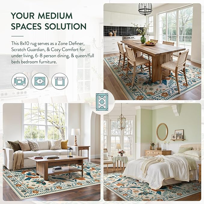 Moynesa Washable 8x10 Area Rugs for Living Room Bedroom Dining Room, Modern Bohemian Farmhouse Floral Bird Print Pattern Medallion Carpet, Retro Home Decor Open Floor Areas Non-Slip Protection