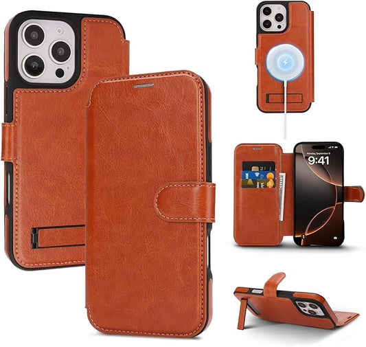 CIVICASE for iPhone 16 Pro Max Wallet Case with Stand,PU Leather Flip Credit Card Holder Slots (RFID Blocking),Compatible with Magsafe Magnetic Holder Phone Cover Women Men,Brown