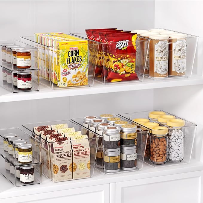 Joymeezo Set of 6 Clear Plastic Storage Bins, 4 Large +2 Small Pantry Organizers and Storage Containers for Kitchen Organization, Home Storage Must Haves for Office, Closet, Garage, Freezer& Bathroom