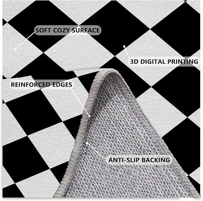 Checkered Rug, Black White Rug, Washable Rugs 3x5, Geometric Rhombus Plaid Area Rugs, Grid Gingham Carpet for Living Room Non Slip Home Decor