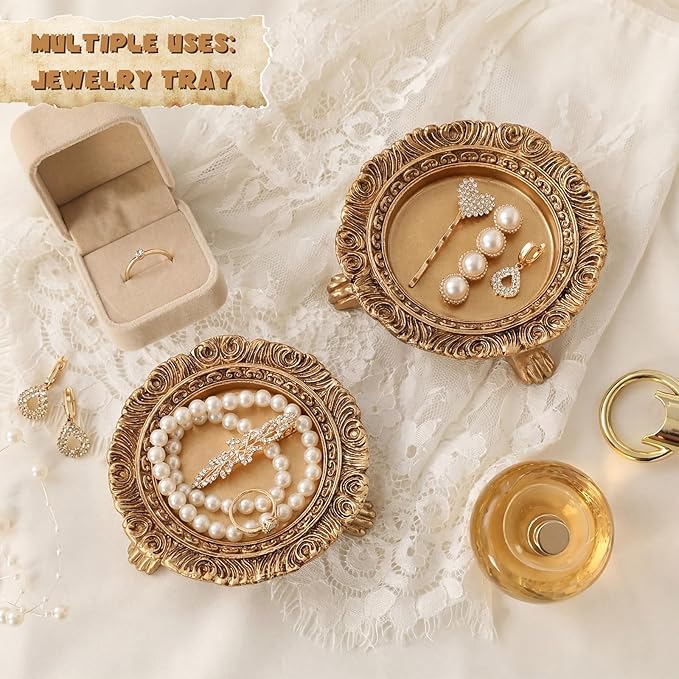 2 Pack Brass Color Candle Holder Pedestal Dish Stand Gold Vintage Tray Clawfoot Plate Decor for Jewelry Wax Ring Trinket