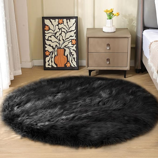 Black Fuzzy Living Room Washable Area Rugs for Bedroom Shag Circle Faux Sheepskin Furry Fur Round Rug 5ft Nursery Rug