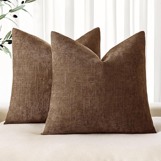 MIULEE Pack of 2 Decorative Throw Pillow Covers Soft Chenille Throw Pillows Solid Neutral Farmhouse Textured Cushion Covers for Couch Sofa Bedroom Living Room 24x24 Inch,Honey Brown