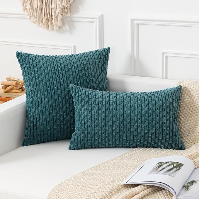 Kevin Textile Throw Pillow Covers Soft Corduroy Decorative Set of 2 Boho Striped Pillow Covers Pillowcases Farmhouse Home Decor for Couch Bed Sofa Living Room 20x20 Inch Teal Blue