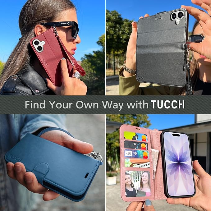 TUCCH Case Wallet for iPhone 17 (6.3-Inch) 2025, Wrist Strap | Stand | RFID Blocking | 4 Card Holders | TPU Shockproof Inner Shell | PU Leather | Magnetic Folio Cover | Dark Red