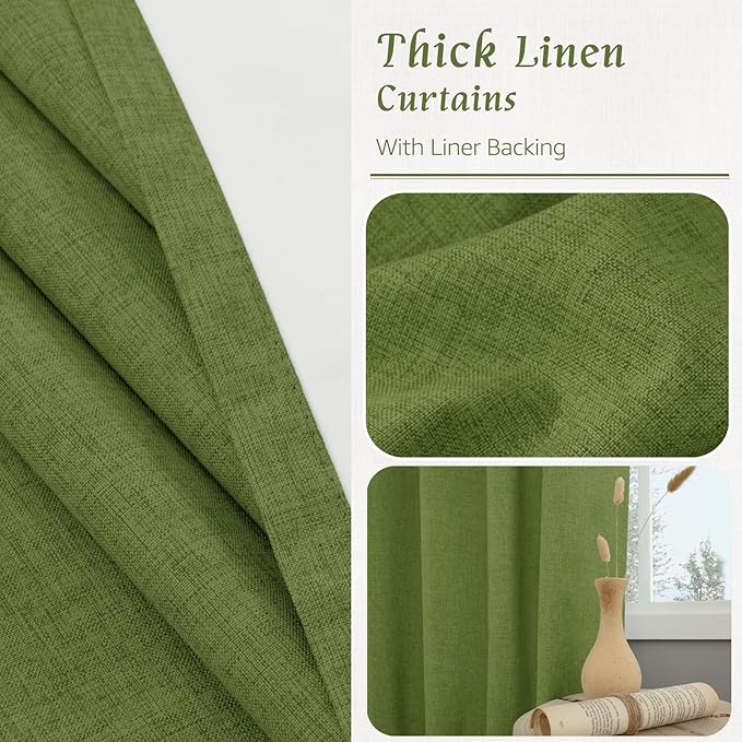 LAMIT Olive Green 100% Blackout Linen Curtains, 80 Inch Linen Textured Living Room Bedroom Drapes Room Darkening Back Tab and Rod Pocket Christmas Panels with White Liner, 2 Panels, 52 x 80 Inch