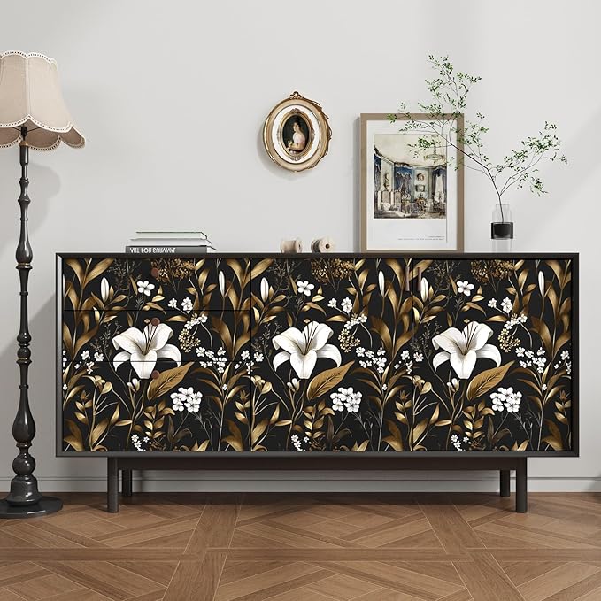 White Floral Wallpaper Peel and Stick, Black Gold Vintage Contact Paper, Dark Golden Botanical Wall Paper Self Adhesive Removable Waterproof for Bedroom Cabinet Drawer Table Decor 17.5" x 118"
