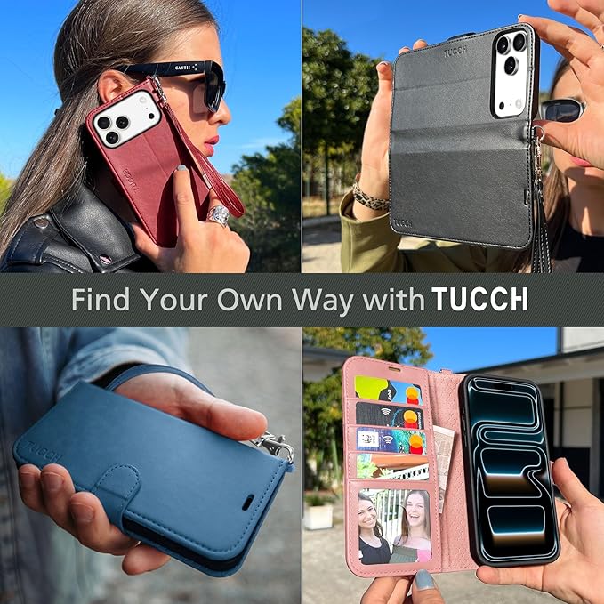 TUCCH Wallet Case for iPhone 17 Pro Max (6.9") 2025, Wrist Strap | 4 Card Slots | RFID Blocking | Stand | Shockproof TPU Shell | PU Leather | Magnetic | Protective Flip Cover | Rose Gold