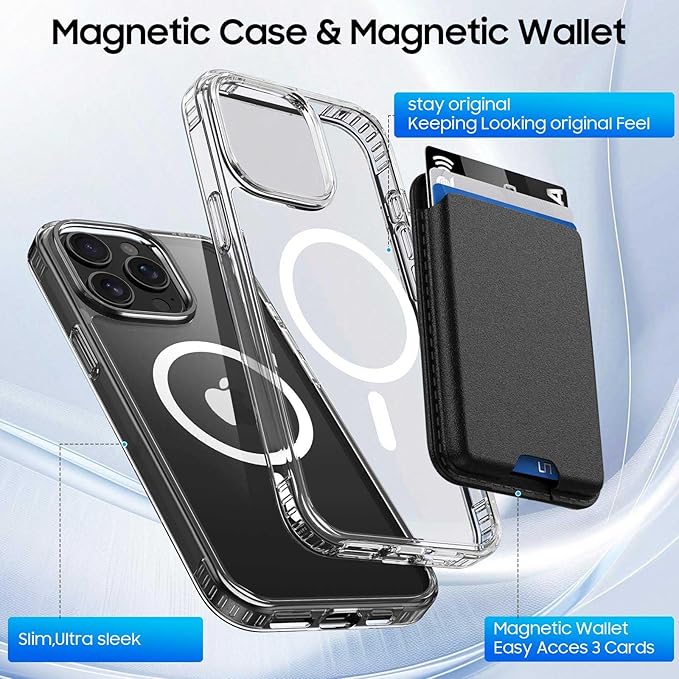 Ntwinro Magnetic for iPhone 14 Pro Clear Case (Compatible with MagSafe) with Black Detachable Wallet & Card Holder for 3 Cards [RFID Blocking] Military Grade Protective Slim Phone Cover