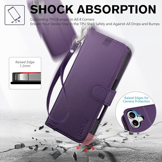 TUCCH Case Wallet for iPhone 17 (6.3") 2025, Wrist Strap, Stand, RFID Blocking, 4 Card Holder, TPU Shockproof Inner Shell, PU Leather, Magnetic Closure Folio Protective Cover, Deep Purple