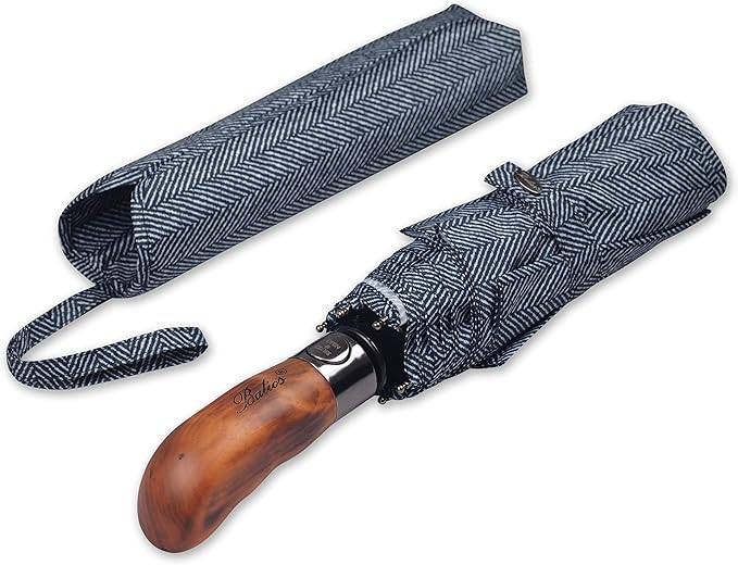 Balios Prestige Travel Folding Umbrella, Handmade Wood Handle, Auto Open & Close