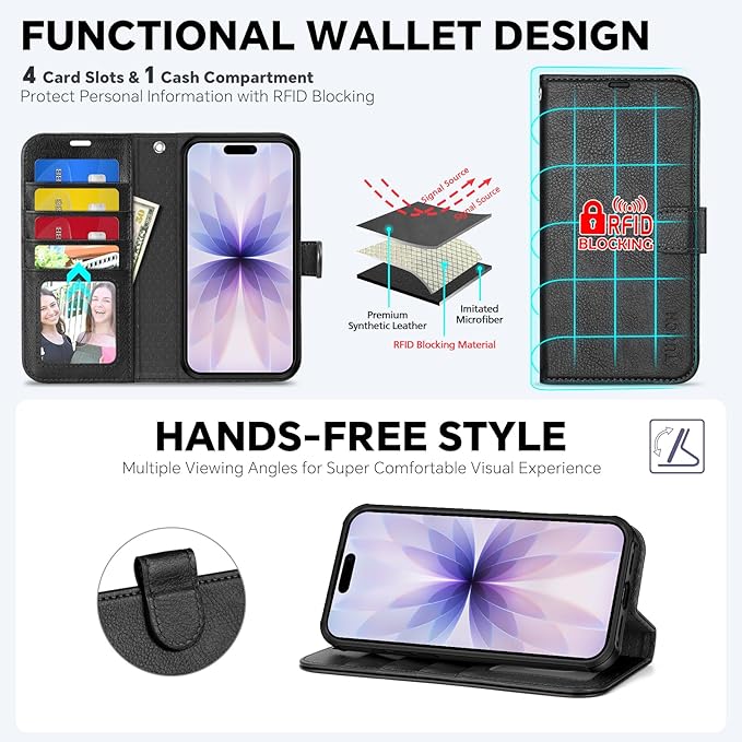 TUCCH Detachable Case Wallet for iPhone 17 (6.3") 2025, Removable Wrist Strap, Wireless Charging, Stand, 4 Card Slots RFID Blocking, 2-in-1 Magnetic, PU Leather, Shockproof Folio Cover, Textured Black