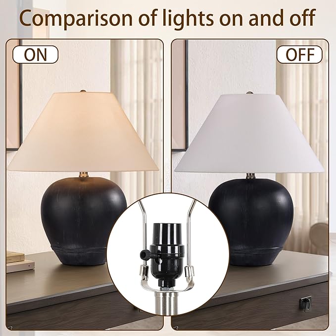 Pia Ricco 21'' Medium Size Black Glossy Ceramic Base Ceramic Basin Table Lamp for Bedroom, Living Room, Dining Room, Office, White Shade,Black Base