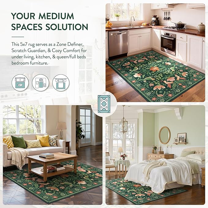 Moynesa Living Room Rug 5x7, Washable Modern Cottage Green Area Rugs for Bedroom Dining Room, Farmhouse Aesthetic Floral Bird Print Carpet, Vintage Home Decor Open Floor Areas Non-Slip Protection