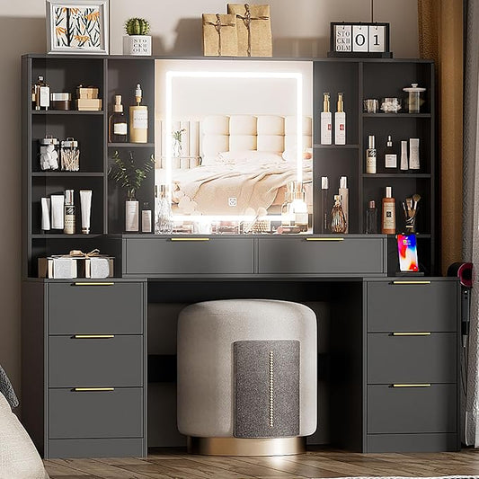 Large Makeup Vanity Desk with Lighted Mirror & Power Outlet,Dresser Table with 3 Lighting Modes Brightness Adjustable,Drawers,Shelves,Hair Dryer Stand for Bedroom,Black (No Stool)