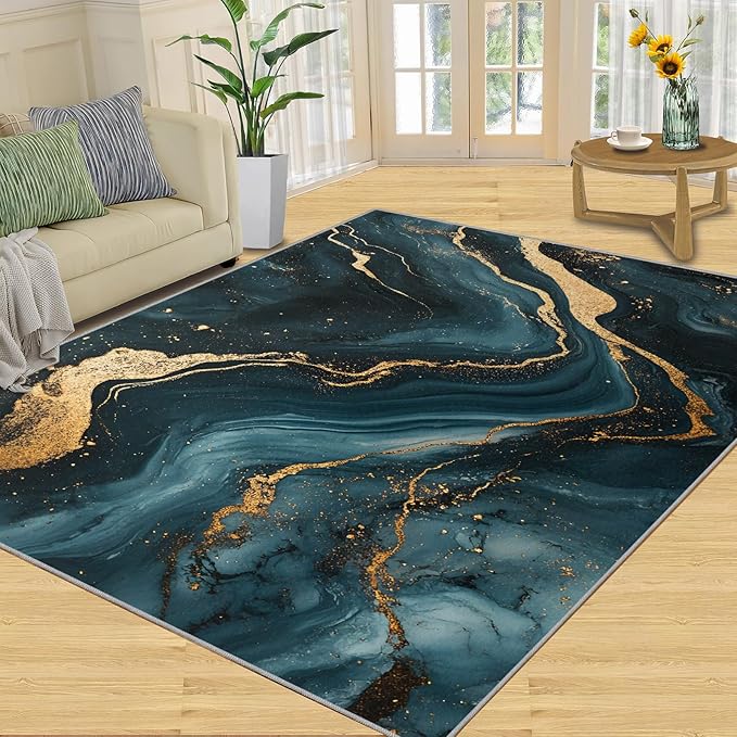 Marble Washable Area Rugs 6x9 Non-Slip Fluid Art Living Room Rug Gold Lines Soft for Carpet Low Pile Indoor Door Mat & Room Decor