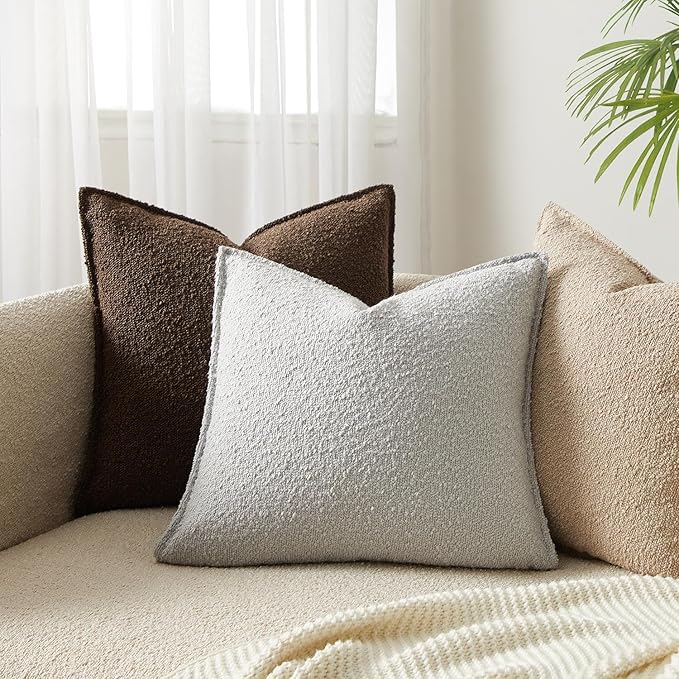 JUSPURBET Throw Pillow Covers Set of 2 Decorative Pillow Covers for Couch Sofa Bed Cozy Boucle Textured Cushion Covers Cases with Invisible Zipper for Living Room Home Decor 16x16,Silver Grey