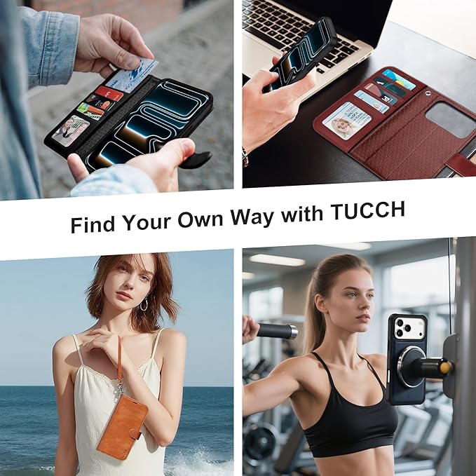 TUCCH Removable Case Wallet for iPhone 17 Pro Max 6.9", Detachable Wrist Strap, Wireless Charging, Stand, 4 Card Holders RFID Blocking, 2-in-1 Magnetic, PU Leather Shockproof Cover, Pearly Light Blue