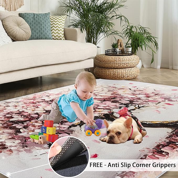 Graffiti Tree Washable Rugs 3x5 Rug for Living Room, Pink Petals 3x5 Rug Oil Painting Art Low-Pile Carpet for Bedroom Dining Non Slip Mat with Rubber Back