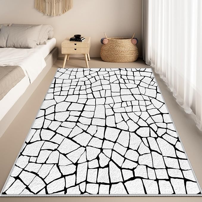 Black and White Area Rug - Abstract Rug 5x8, Contemporary Minimalist Rugs, Geometric Cracks Area Rugs, Modern Geometric Carpet for Living Room, Washable Non Slip Home Decor Mat