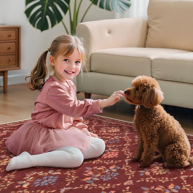 Tangsoo 2x3 Small Washable Entry Rug,Non Slip Red Floral Throw Area Rugs for Entryway,Front Door Mats Indoor Entrance Carpet for Kitchen Office Laundry, Soft Kids & Pets Friendly