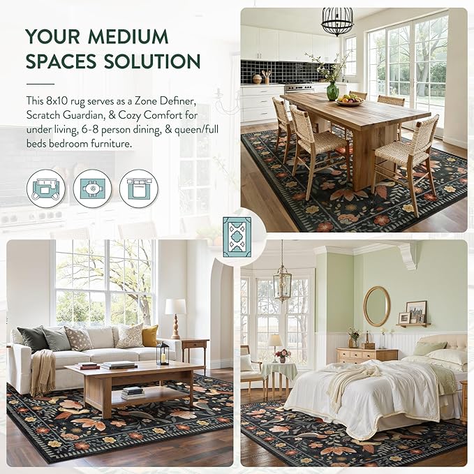 Moynesa Black Washable 8x10 Area Rugs for Living Room Bedroom Dining Room, Modern Transitional Aesthetic Floral Bird Medallion Carpet, Folk Art Home Decor Open Floor Areas Protection Non-Slip