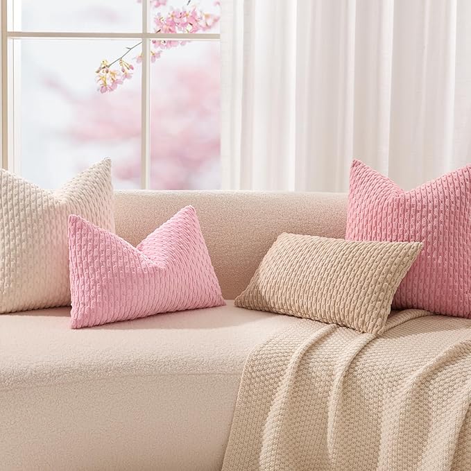 Kevin Textile Valentines Day Decorative Pillow Covers Set of 2 Striped Plush Corduroy Pillows Pillowcases Boho Home Decor Cushion Covers for Couch Sofa Bed Living Room 26x26 Inch, Dark Pink