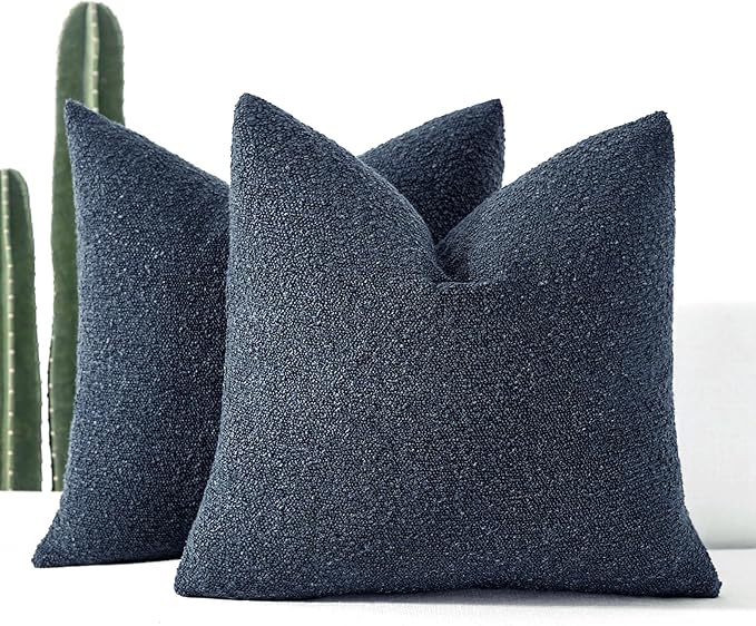 Boucle Decorative Throw Pillow Covers for Couch Set of 2, 22x22 inches, Navy Blue
