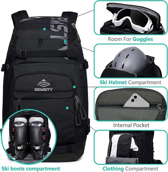 Ski Boot Bag, 55L/70L Waterproof Ski and Snowboard Boots Travel Backpack for Skis, Snowboard, Ski Helmet, Goggles, Gloves & Accessories