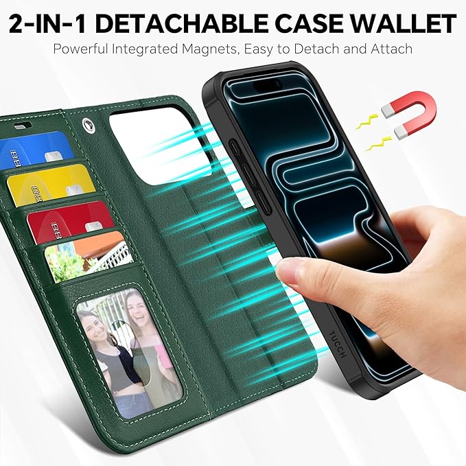 TUCCH 2-in-1 Removable Wallet Case for iPhone 17 Pro Max 6.9", Wireless Charging | RFID Blocking 4 Card Holder | Wrist Strap | Kickstand | Magnetic | PU Leather | Protective Flip Cover | Dark Green