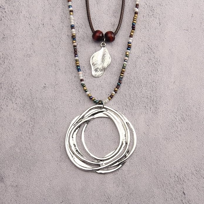 Leather Necklace for Women Boho Choker Necklace Long Cord Leather Pendant Bohemian Neckalce Vintage Alloy Pendant Leather Rope Necklace Wooden Necklaces for Women