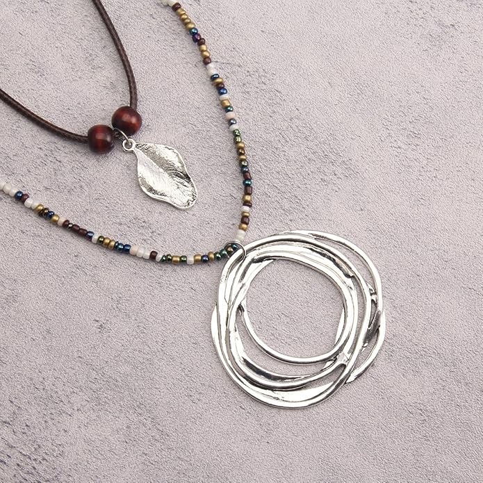Leather Necklace for Women Boho Choker Necklace Long Cord Leather Pendant Bohemian Neckalce Vintage Alloy Pendant Leather Rope Necklace Wooden Necklaces for Women