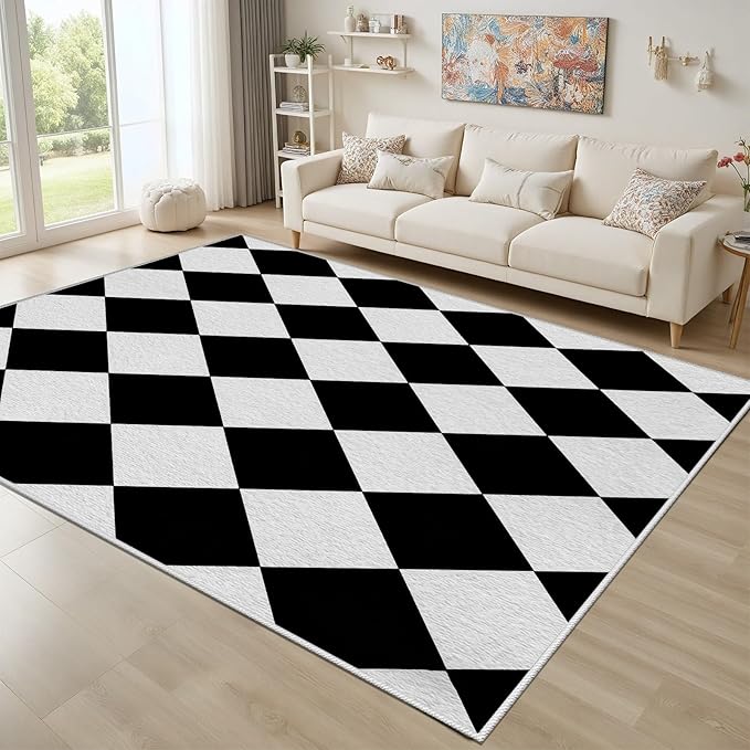 Checkered Rug, Black White Rug, Washable Rugs 3x4, Geometric Rhombus Plaid Area Rugs, Grid Gingham Carpet for Living Room Non Slip Home Decor