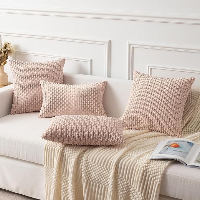 Kevin Textile Pack of 2 Corduroy Decorative Throw Pillow Covers 12x20 Inch Valentine' s Day Soft Boho Striped Pillow Covers Modern Home Decor Gifts for Spring Sofa Living Room Couch Bed Light Pink
