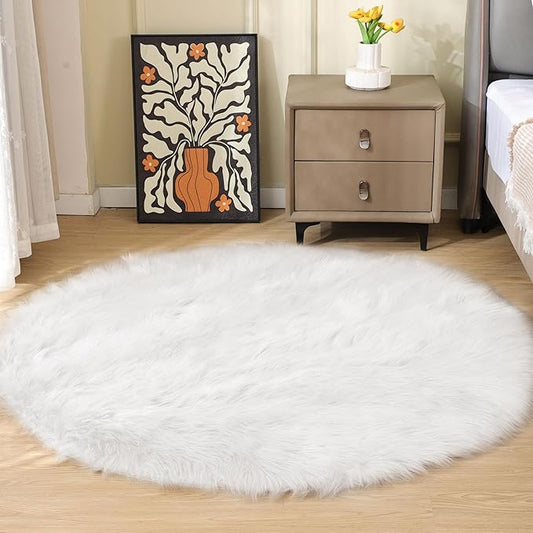 White Fluffy Faux Sheepskin Washable Fur Round Rug 5ft Nursery Rugs for Bedroom Plush Boho Circle Rug for Living Room Teen Room Décor