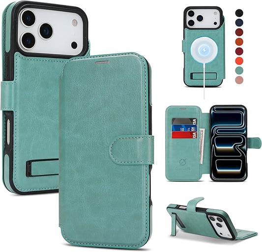 CIVICASE for iPhone 17 Pro Wallet Case with Stand,PU Leather Flip Credit Card Holder Slots (RFID Blocking),Compatible with Magsafe Magnetic Holder Phone Cover Women Men,Green