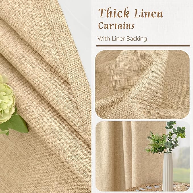 LAMIT Natural 100% Blackout Linen Curtains, 63 Inches Linen Textured Thermal Bedroom Curtains Back Tab and Rod Pocket Neutral Panels with White Liner for Living Room, 2 Panels, 38 x 63 Inch, Burlap