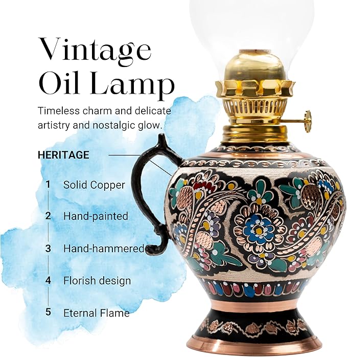 Vintage Handmade Copper Oil Lamp 15.35” – Decorative Hurricane Lantern for Indoor Lighting, Farmhouse Kitchen Décor, Emergency Lamp for Power Outages, Christmas Gift