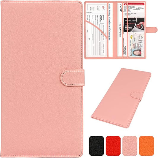 Car Registration and Insurance Holder, Leather Magnetic Shut Vehicle Glove Box Organizer for Document, Card, Driver License, Pink