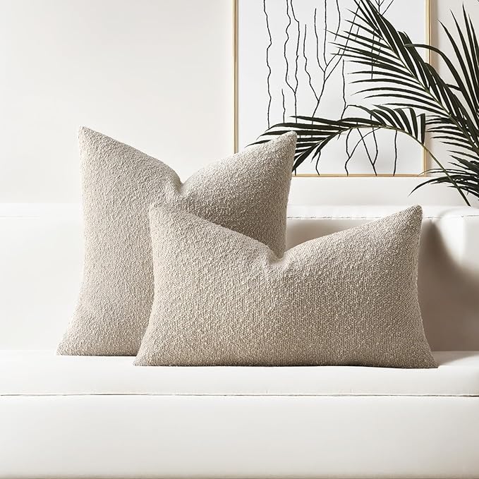 HAUSSY Set of 2 16x16 Decorative Throw Pillow Covers, Soft Cozy Textured Boucle Couch Cases, Home Decor for Couch Bed Living Room, Oatmeal