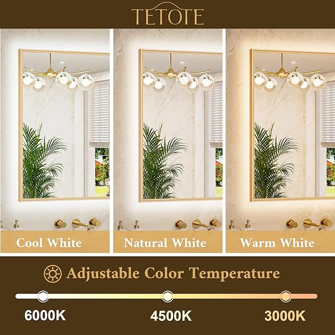 TETOTE 72 x 36 Backlit Bathroom Mirror Brushed Gold Metal Frame LED Light Vanity 3-Color White/Warm/Natural Stepless Dimmable Anti-Fog Backlight Mirror Wall-Mounted