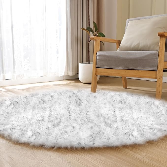 Grey and White Plush Machine Washable Area Rugs for Bedroom Small Circle Furry Faux Sheepskin Fur Rug for Living Room Nursery Round Rug 3ft